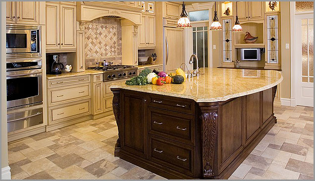 beautiful kitchen is the perfect setting for Kashmir gold granite